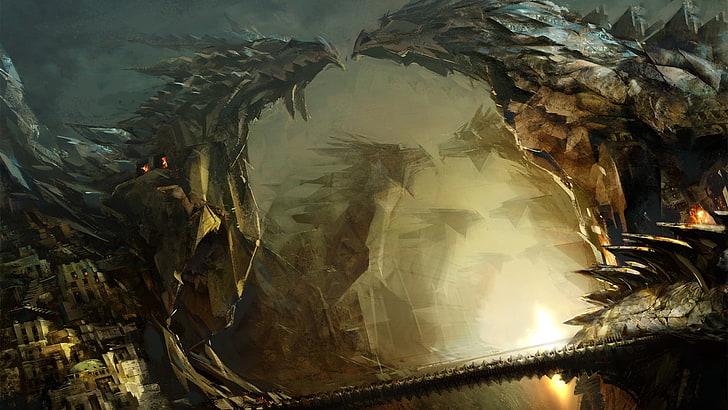 Ilustración de figuras de dragones grises, Daniel Dociu, Guild Wars 2, Guild Wars, Fondo de pantalla HD