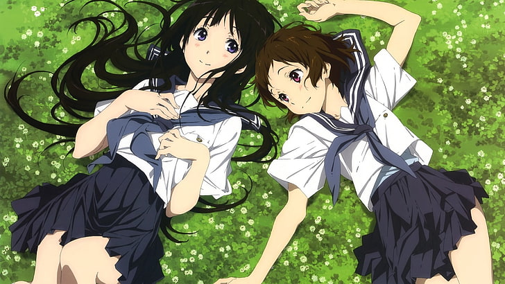 two female anime characters, girls, anime, dress, schoolgirl, grass, lie, HD wallpaper
