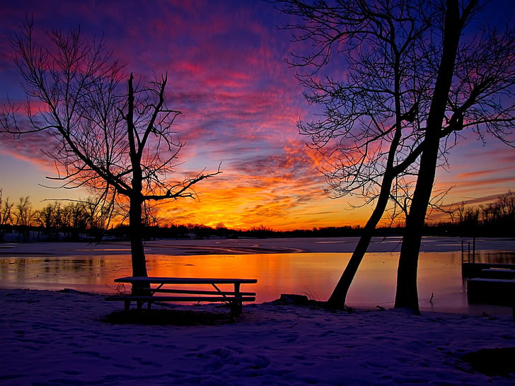 sunsets clouds landscapes winter snow trees bench scenic lakes skyscapes land 1600x1199  Nature Lakes HD Art , Clouds, sunsets, HD wallpaper