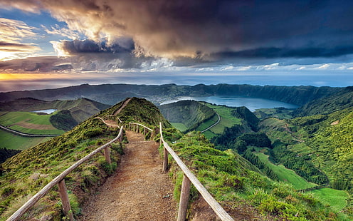 photography, landscape, nature, path, water, lake, sea, Azores, HD wallpaper HD wallpaper