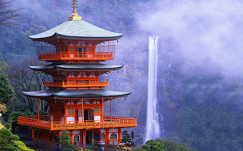 Świątynie, Świątynia, Japonia, Japonia, Religia, Wodospad, Tapety HD HD wallpaper