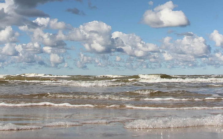 Baltic Sea in Latvia, Latvia, waves, clouds, sea, HD wallpaper
