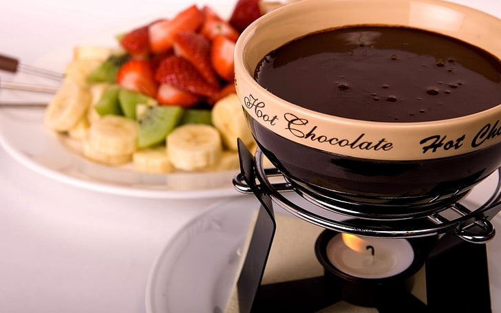 brown bowl and tealight candle, chocolate, strawberry, hot, tasty, HD wallpaper