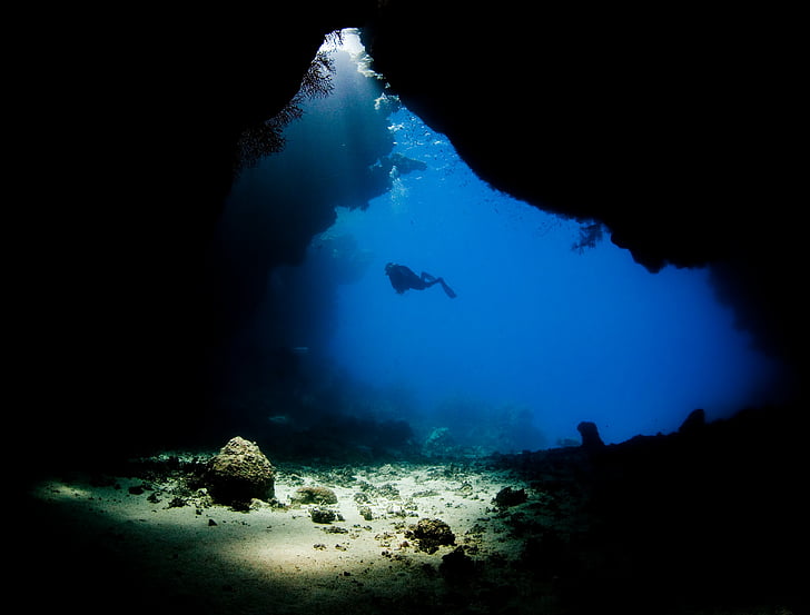 cave, diver, diving, ocean, scuba, sea, underwater, HD wallpaper