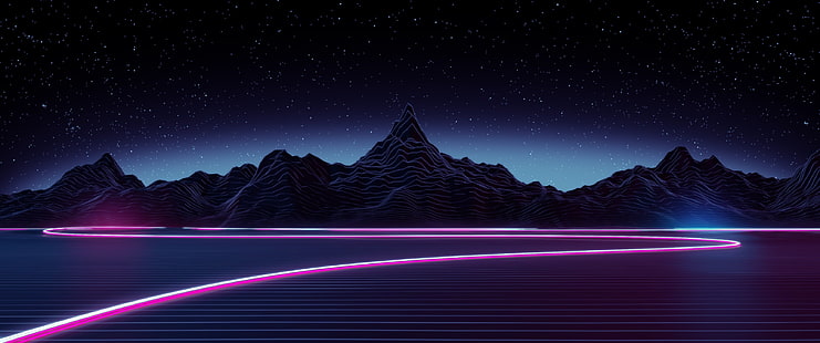 wallpaper gunung hitam, seni digital, neon, gunung, danau, bintang, gaya Retro, synthwave, vaporwave, Retrowave, latar belakang ungu, ungu, malam, latar belakang gelap, poli rendah, Wallpaper HD HD wallpaper