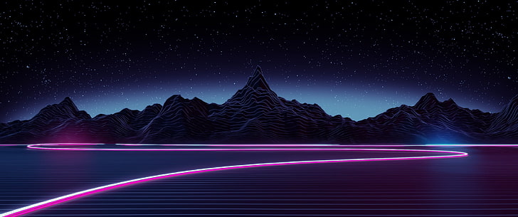 neon, synthwave, sztuka cyfrowa, góry, gwiazdy, styl retro, jezioro, Tapety HD