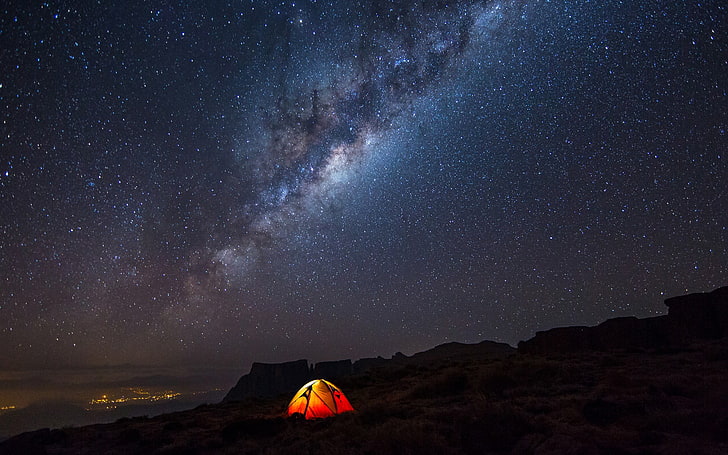 червена палатка под млечен път, нощ, къмпинг, звезди, пейзаж, Млечен път, HD тапет