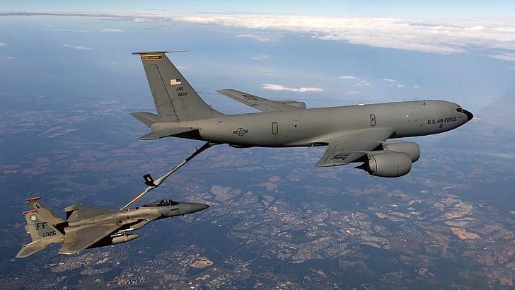 сив и черен моторолер, военен самолет, самолет, небе, джетове, F15 Eagle, Boeing KC-135 Stratotanker, военен, самолет, HD тапет