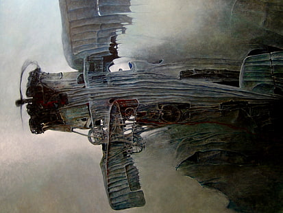 Zdzisław Beksiński, målning, konstverk, fantasikonst, polska, detaljerade, flygplan, flygplan, luftburna, drömmande, mardröm, drömlandskap, traditionell konst, krig, mörk, dyster, HD tapet HD wallpaper