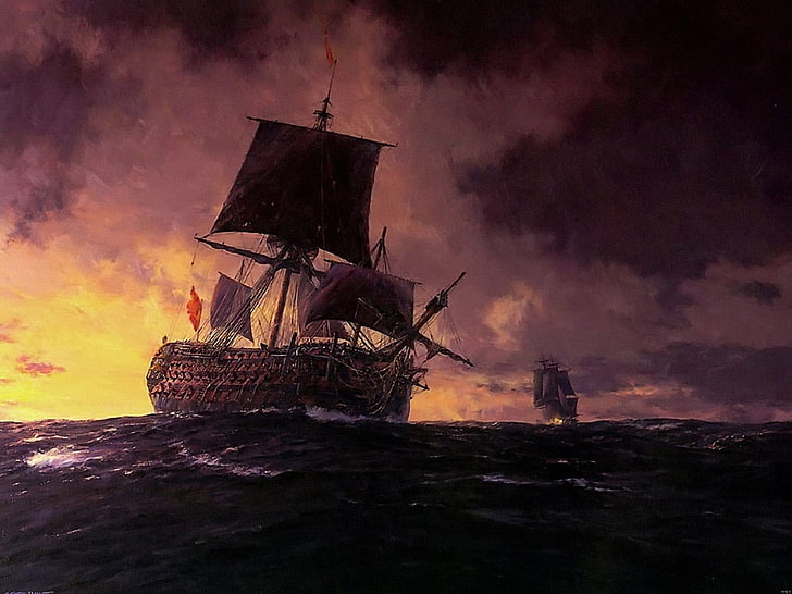 кафяв ветроход на кораба с водна живопис, ветроход, произведения на изкуството, море, кораб, HD тапет