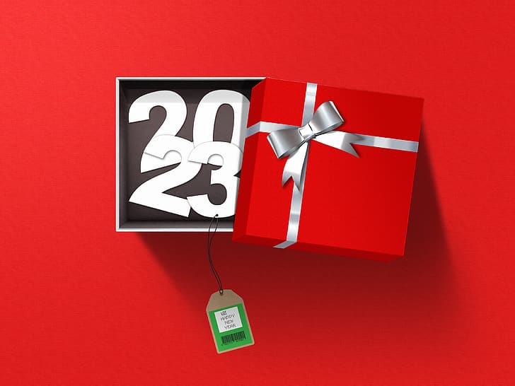 2023 (Année), Nouvel An, cadeau, boîtes, Fond d'écran HD