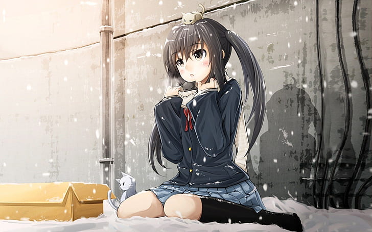 anime, gadis anime, rambut hitam, seragam sekolah, musim dingin, Wallpaper HD