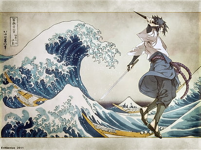 Sasuke digital wallpaper, Naruto Shippuuden, Uchiha Sasuke, The Great Wave off Kanagawa, HD wallpaper HD wallpaper