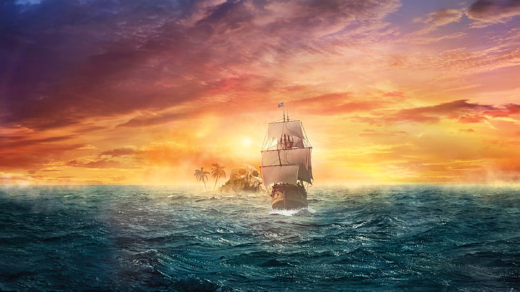 båt på vattnet illustration, segelfartyg under gyllene timmen, digital konst, konstverk, fantasikonst, segelfartyg, pirater, skalle, hav, vågor, moln, ö, palmer, Peter Pan, solnedgång, HD tapet