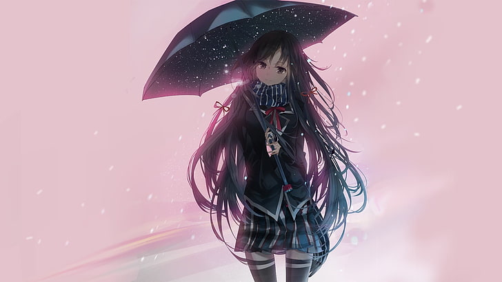 personnage d'anime féminin aux cheveux noirs, anime, filles anime, Yahari Ore no Seishun Love Comedy wa Machigatteiru, Yukinoshita Yukino, parapluie, uniforme scolaire, Fond d'écran HD