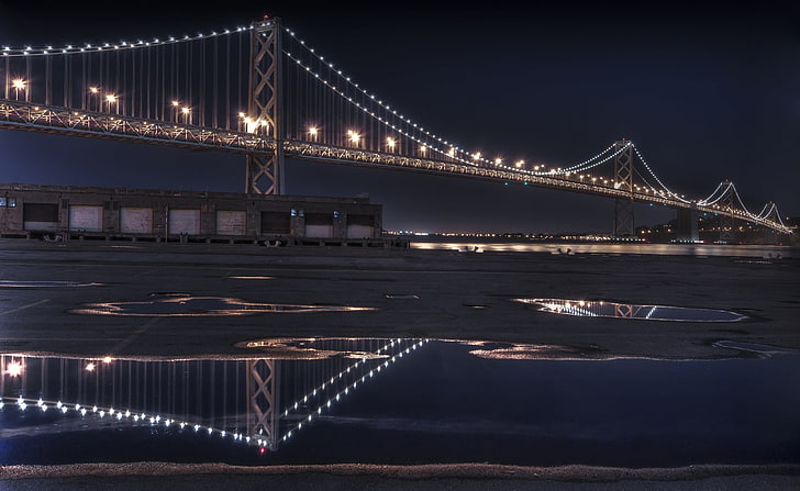 Bay Bridge At Night, gray suspension bridge, City, Night, Bridge, HD wallpaper