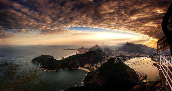 montanha marrom, copacabana, rio de janeiro, paisagem urbana, céu, nuvens, horizonte, HD papel de parede HD wallpaper