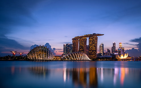 Jardines de Singapur junto a la bahía, Singapur, jardines junto a la bahía, luces de la ciudad, luces nocturnas, viajes, Fondo de pantalla HD HD wallpaper