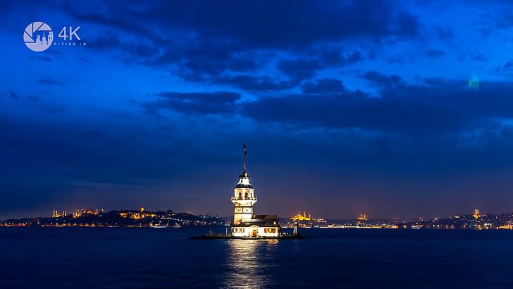 Istambul, Kiz Kulesi, Turquia, capital, torre da donzela, luzes da cidade, nuvens, mesquita, HD papel de parede