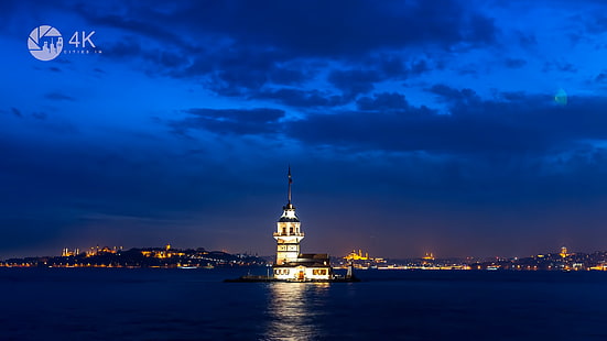 Стамбул, Киз Кулеси, Турция, столица, Девичья башня, огни города, облака, мечеть, HD обои HD wallpaper