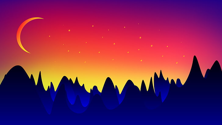 blue mountains illustration, mountains, moon, landscape, vector, HD wallpaper
