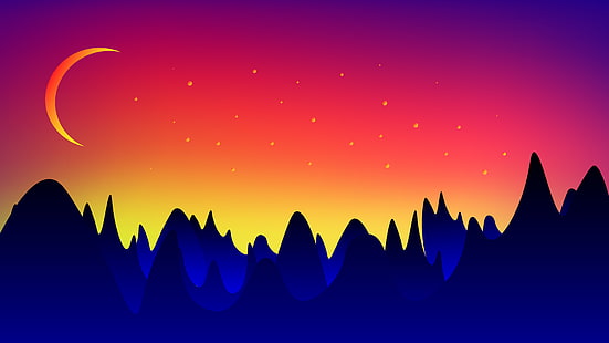 голубые горы иллюстрация, горы, луна, пейзаж, вектор, HD обои HD wallpaper