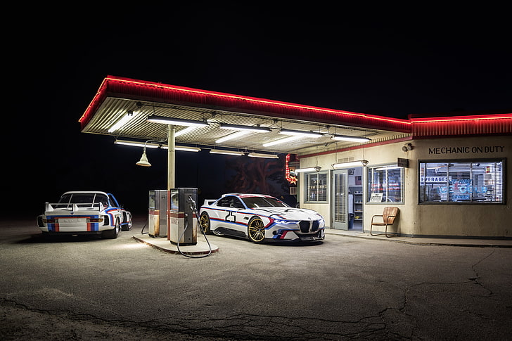 محطة بنزين حمراء ، سيارة ، ليل ، CSL ، Hommage R ، BMW 3.0، خلفية HD
