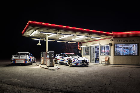 red gasoline station, car, night, CSL, Hommage R, BMW 3.0, HD wallpaper HD wallpaper