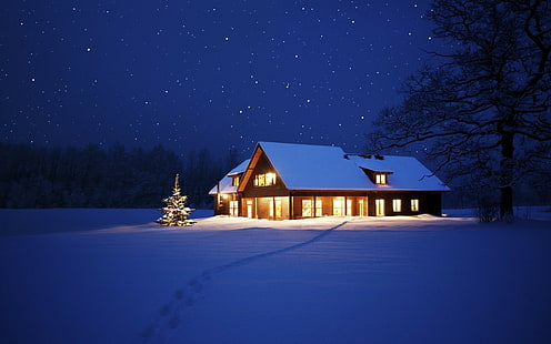 природа, домик, зима, снег, ночь, HD обои HD wallpaper