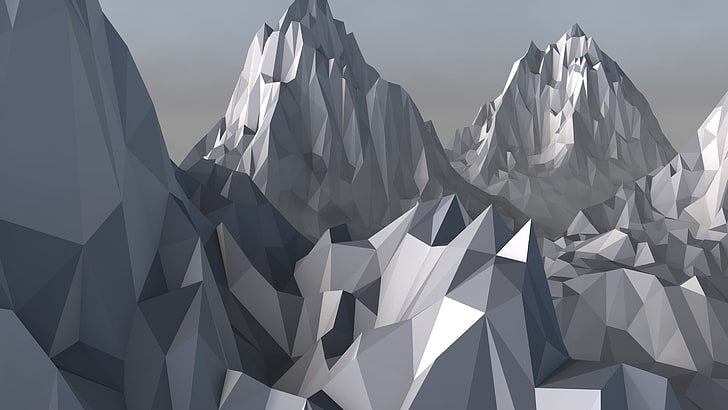 ilustración de montaña gris, fondo de pantalla digital de montaña gris, arte digital, montañas, Cinema 4D, baja poli, obra de arte, Fondo de pantalla HD