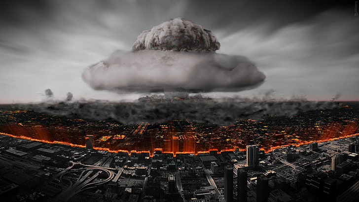 kärnkraftsdetonation digital tapet, selektiv färgning, apokalyptisk, stadsbild, rök, explosion, atombomb, HD tapet