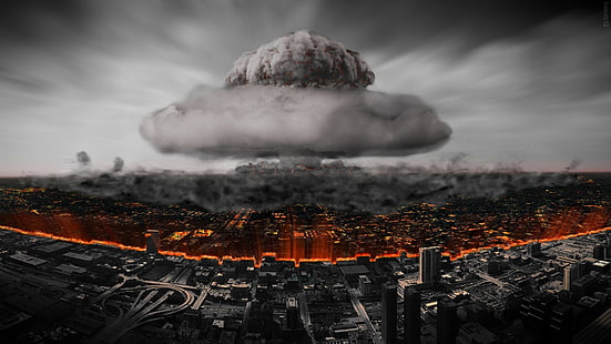 nuclear detonation digital wallpaper, selective coloring, apocalyptic, cityscape, smoke, explosion, atomic bomb, HD wallpaper HD wallpaper