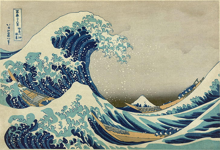 sea, man, asian, kimono, oriental, japonese, The Wave, woodcut, published in 1830 or 1831, ukiyo-e, Kanagawa lowepro the name of the url, Japanese master Hokusai, Fugi, The Great Wave off Kanagawa, HD wallpaper