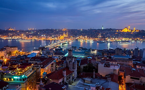 Turkey, Istanbul, city night, houses, lights, Turkey, Istanbul, City, Night, Houses, Lights, HD wallpaper HD wallpaper