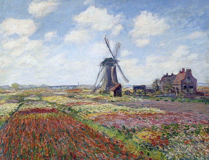ภูมิทัศน์รูปภาพ Claude Monet ทุ่งดอกทิวลิปกับ Windmill Rijnsburgse, วอลล์เปเปอร์ HD