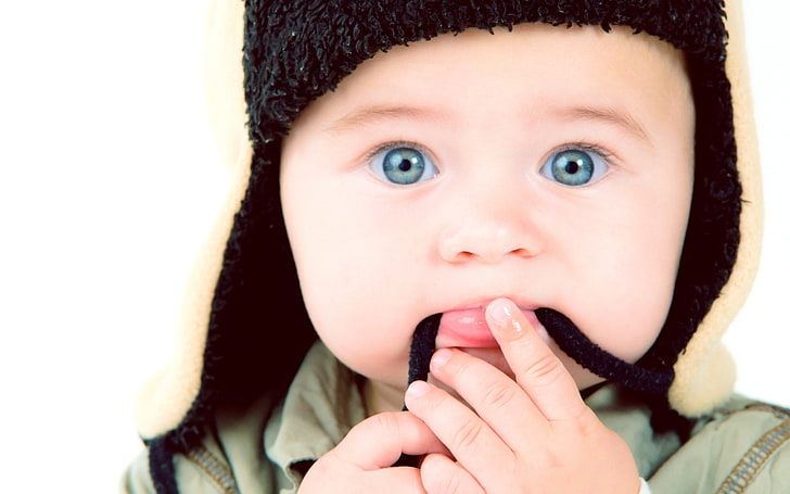 casquette aviateur noire pour bébé, bleu, yeux, yeux bleus, bébé, visage, Fond d'écran HD