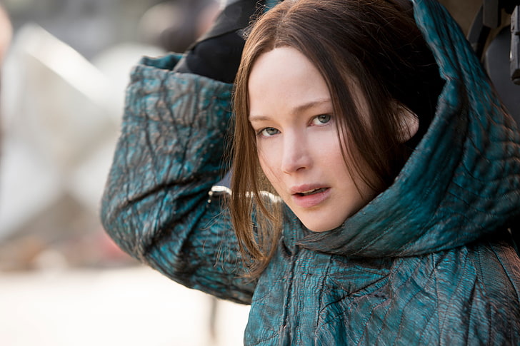 sudadera con capucha azul para mujer, Jennifer Lawrence, Katniss Everdeen, Los juegos del hambre: Sinsajo, Los juegos del hambre: Sinsajo - Parte 2, Fondo de pantalla HD