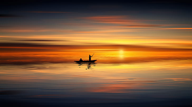 Sunset, Horizon, Reflection, Seascape, Sailing boat, Scenic, HD, 5K, HD wallpaper