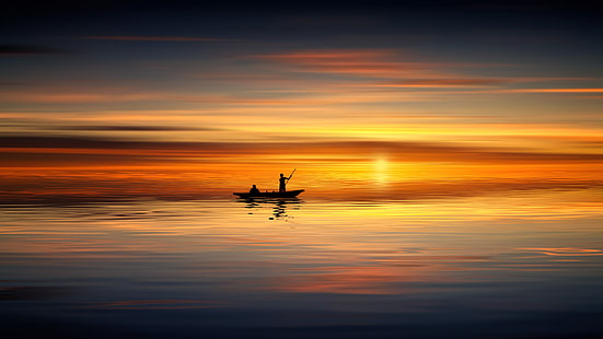 Sunset, Horizon, Reflection, Seascape, Sailing boat, Scenic, HD, 5K, HD wallpaper HD wallpaper