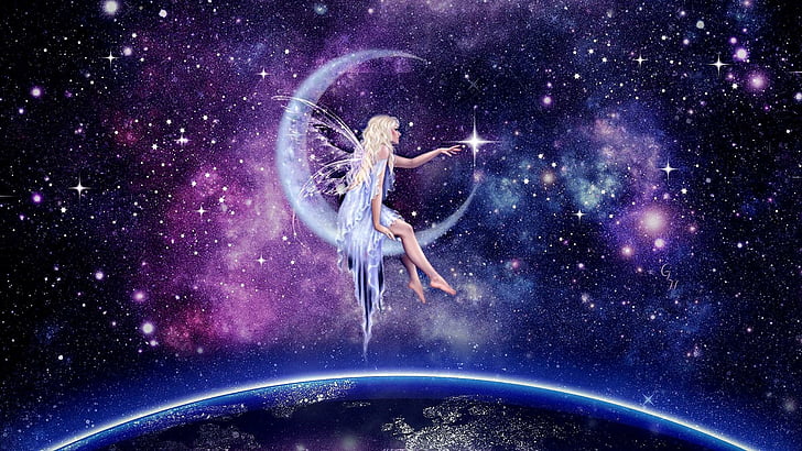 stars, moon, earth, fairy, tale, graphic, art, fairytale, HD wallpaper