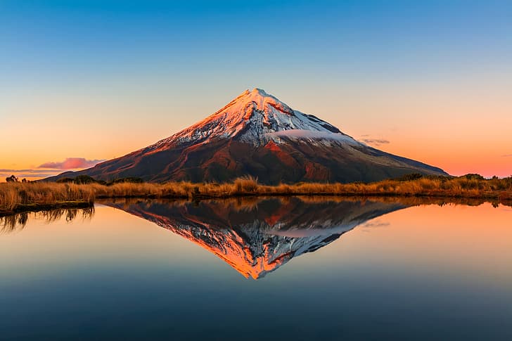 the sky, reflection, lake, MT Taranaki, New Zealand, HD wallpaper