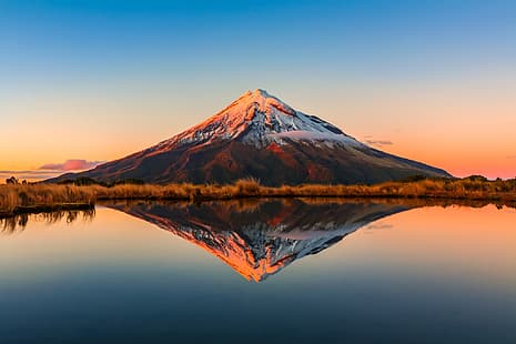  the sky, reflection, lake, MT Taranaki, New Zealand, HD wallpaper HD wallpaper