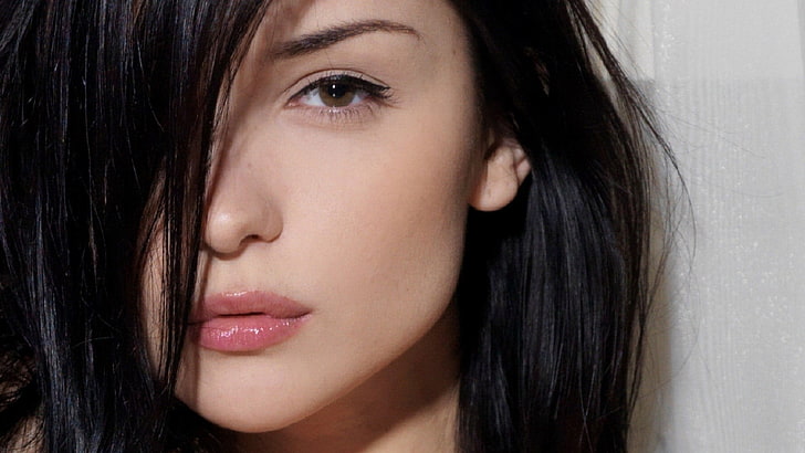 woman's face, Katie Fey, women, model, face, closeup, eyes, lips, black hair, long hair, brown eyes, HD wallpaper