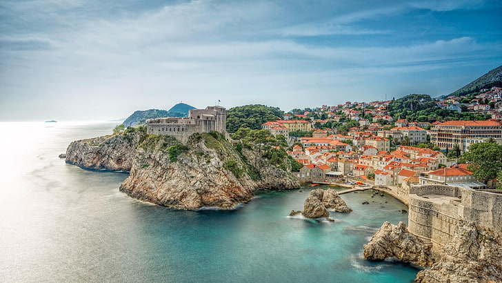 нос, стена, стени на Дубровник, полуостров, крепост, скала, град, Ловриенац, бряг, Европа, крепост, Хърватия, туризъм, Дубровник, нос, небе, море, крайбрежие, залив, HD тапет