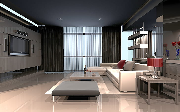 Грандиозен дизайн на дневна, мебели, диван, дизайн интериор, HD тапет
