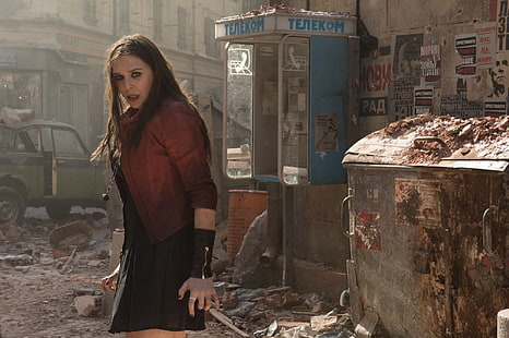 abito tradizionale rosso e nero da donna, Elizabeth Olsen, Scarlet Witch, Avengers: Age of Ultron, Sfondo HD HD wallpaper