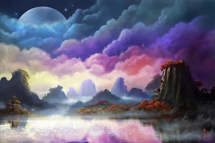 cuerpo de agua cerca del papel pintado digital de la montaña, Luna, paisaje, pintura, arte de fantasía, cielo, naturaleza, Fondo de pantalla HD