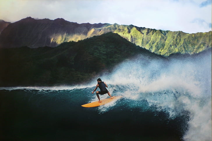 man riding surf on sea near mountain, hawaii, hawaii, Surfer, Kauai, Hawaii, man, sea, mountain, Athlete, Photography, SI, Sports Illustrated, Photos, Walter Iooss, stars, superstars, Surf, Surfing, sport, extreme Sports, surfboard, adventure, outdoors, water Sport, nature, men, people, HD wallpaper