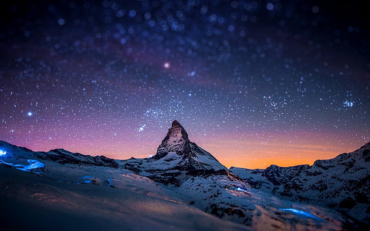 جبال الثلج ليلا نجوم السماء 4K HD سطح المكتب ، جبل مغطى بالثلوج، خلفية HD
