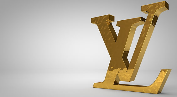 Louis Vuitton Golden Logo, logotipo da Louis Vuitton, artística, 3D, brilhante, branco, estúdio, marca, roupas, luxo, ouro, HD papel de parede HD wallpaper